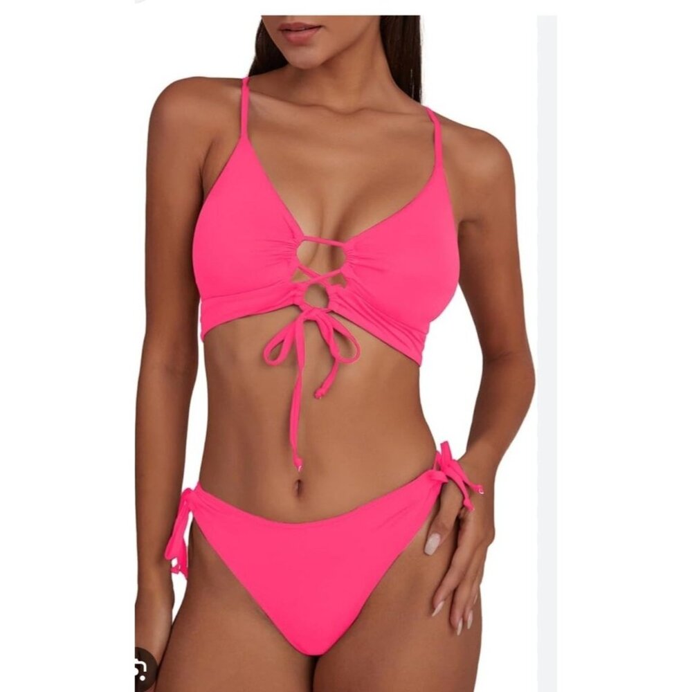Womens Med Hot Pink Bikini Set Lace-Up Top & Tie Side Bottoms Swimwear Sexy